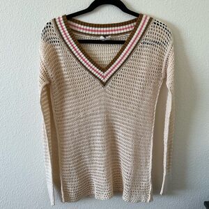 We the Free People Beige V Neck Open Knit Varsity Pullover Sweater Sz XS